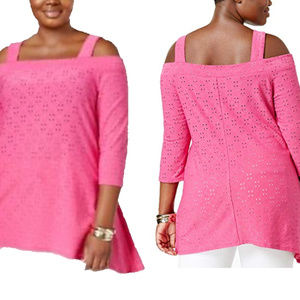 NY Collection Pink Eyelet Fabric Cold Shoulder Top